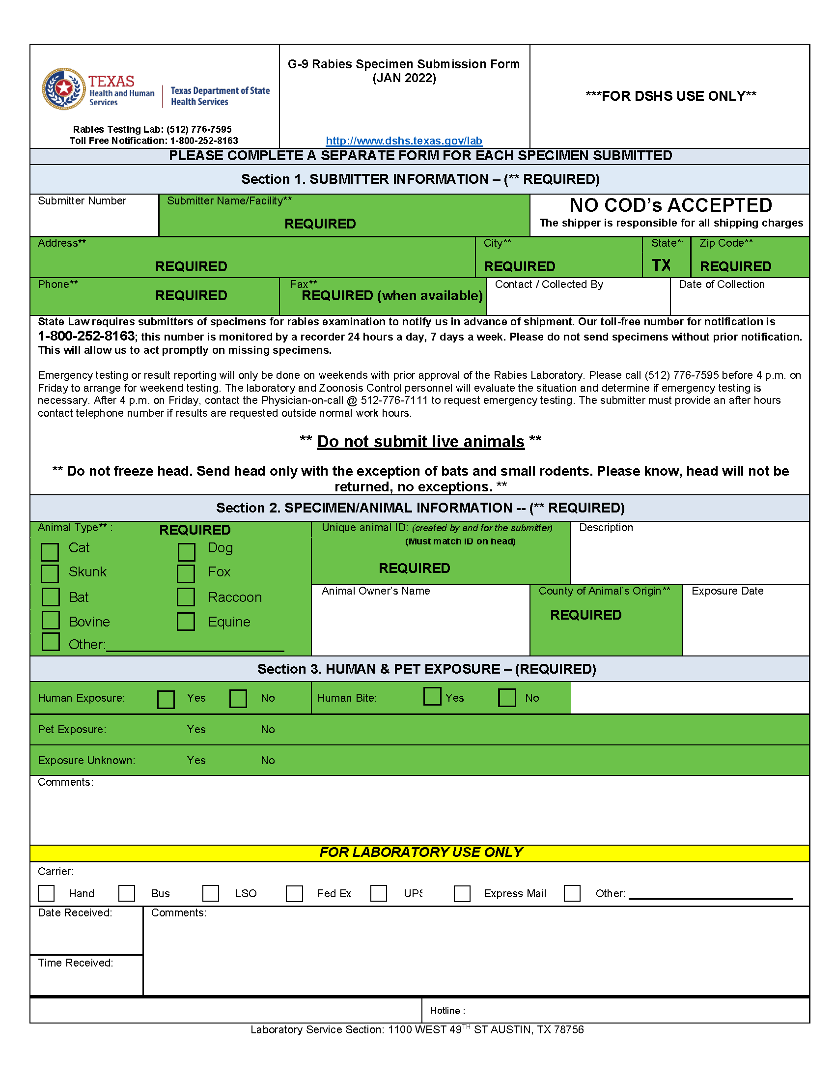 "G-9 Rabies Specimen Submission Form with required fields, sections 1, 2, and 3  highlighted in green. "