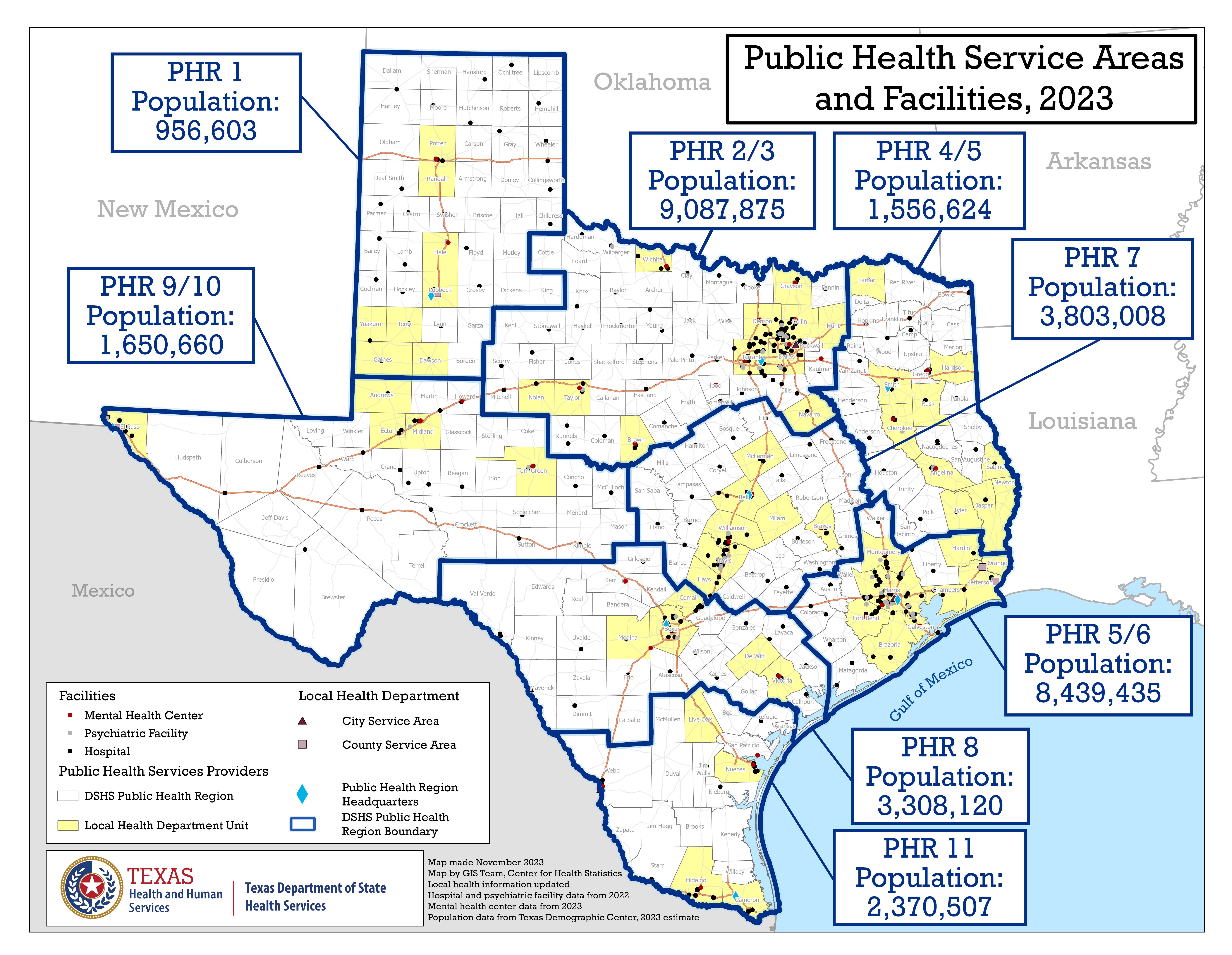 "Map showing Texas public health regions and counties, along with health facility locations and population estimates for 2023"
