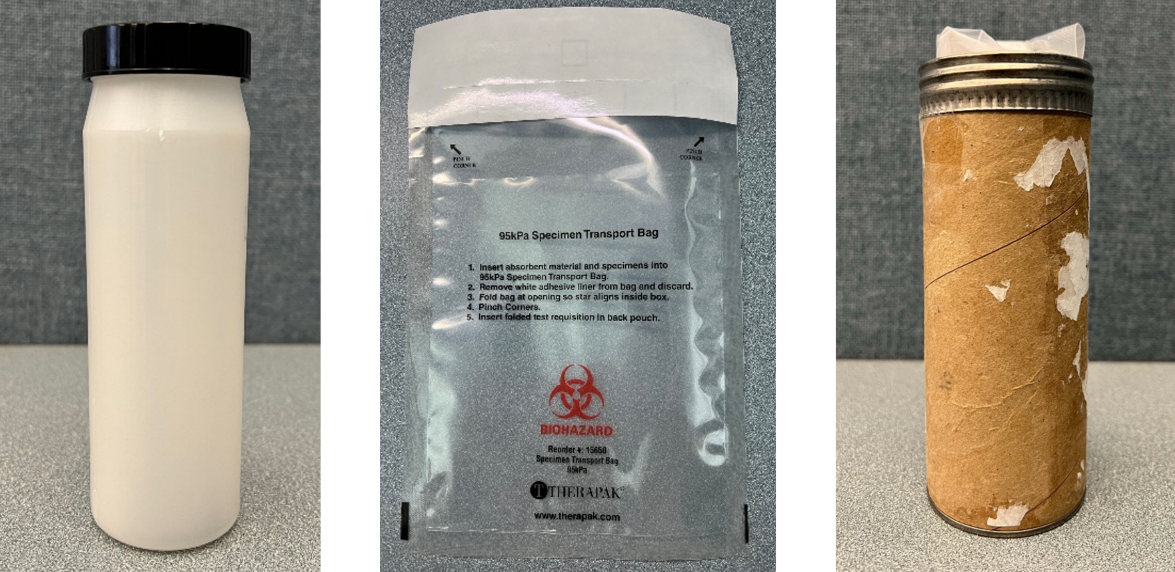 "From left to right: A white cylindrical container with a black lid on a tabletop, a biohazard bag lying on a tabletop, and a cardboard cylindrical container on a tabletop"