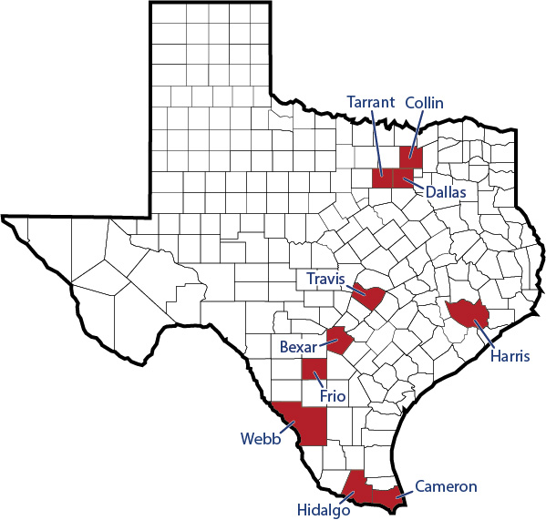 Map of Texas with 10 counties with highest number of TB infections in Texas highlighted. Data in table.