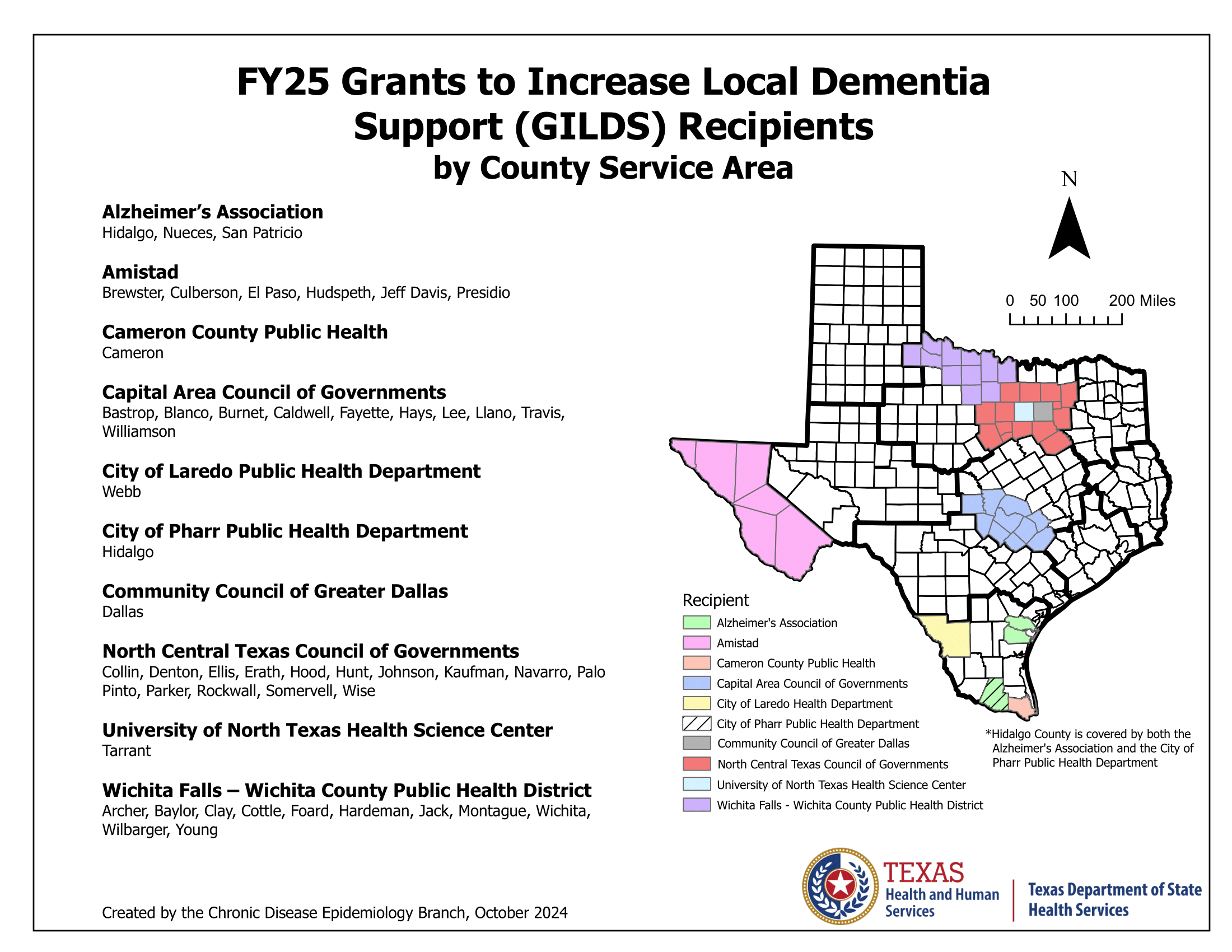 A map of the state of Texas showing the counties that were awarded GILDS funding.