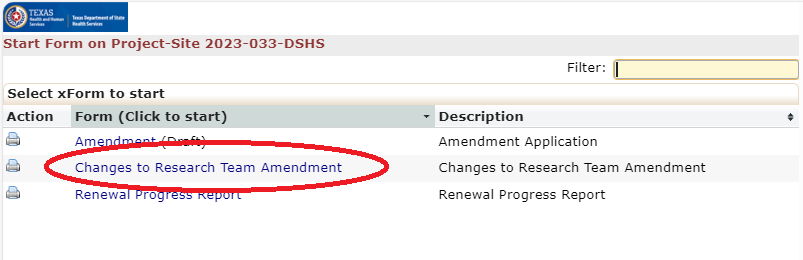 "Screenshot of xForms to Start with the Changes to Research Team Amendment Form Highlighted"