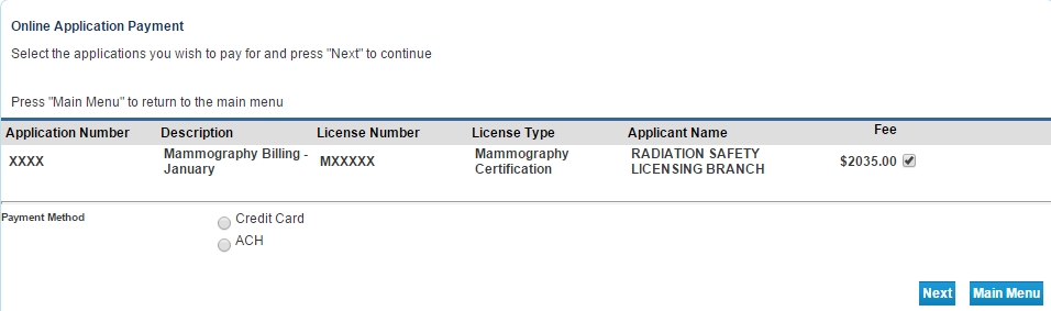 Online Application Payment page